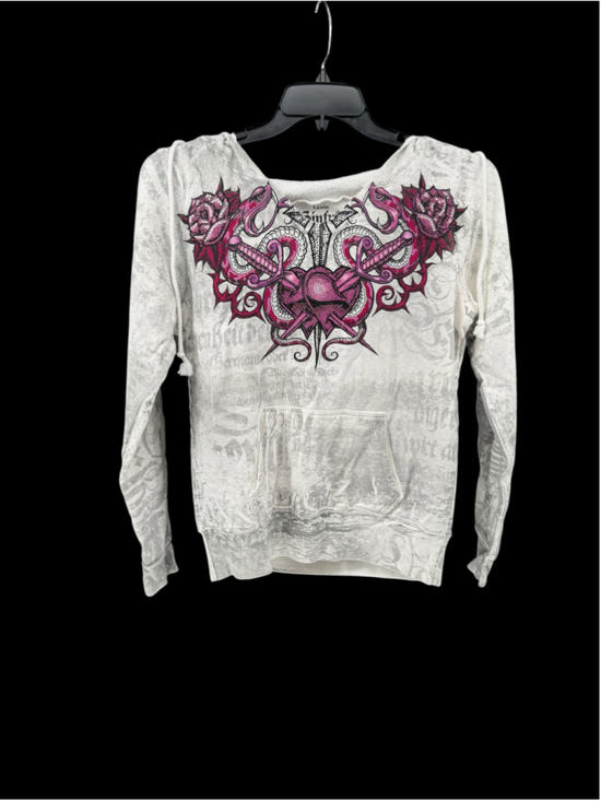 Sinful Tops - Women's Sinful Hoodie Sweatshirt Size L White Pink Graphic Rose